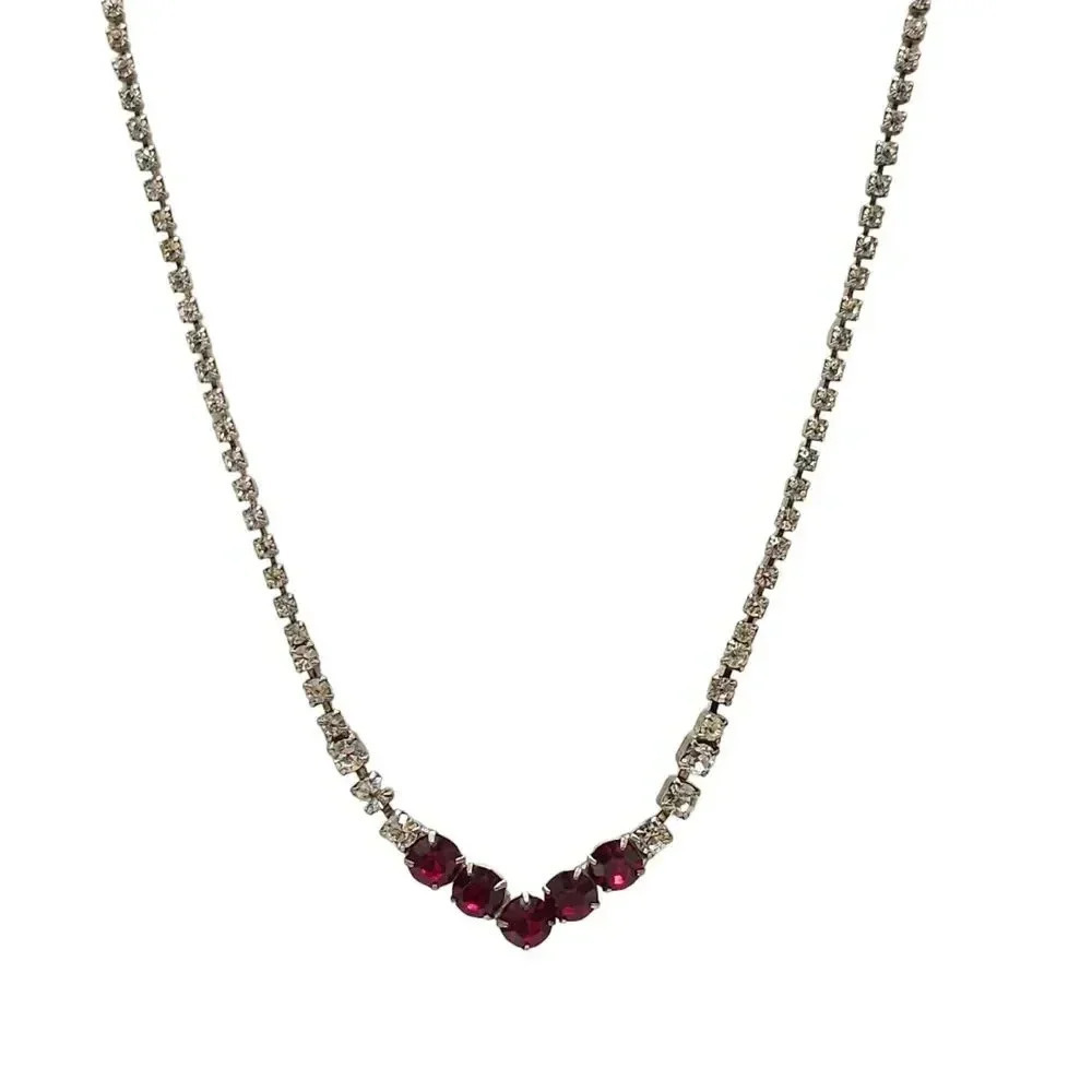 Red Clear Rhinestone Art Deco Style Necklace Silver Tone Vintage